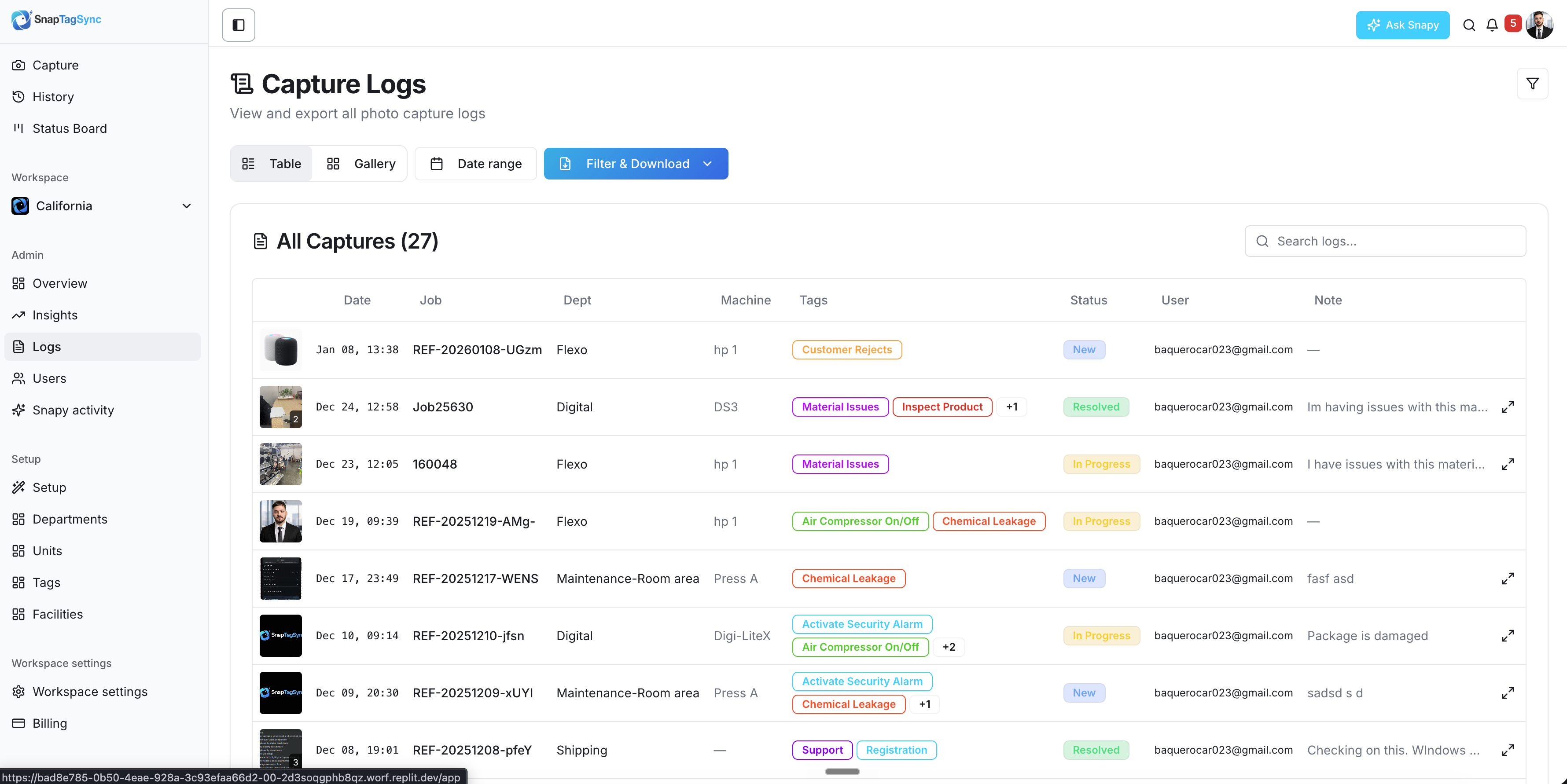 Capture Logs — every photo tied to a job, department, machine, and tags, with status and notes in one searchable table