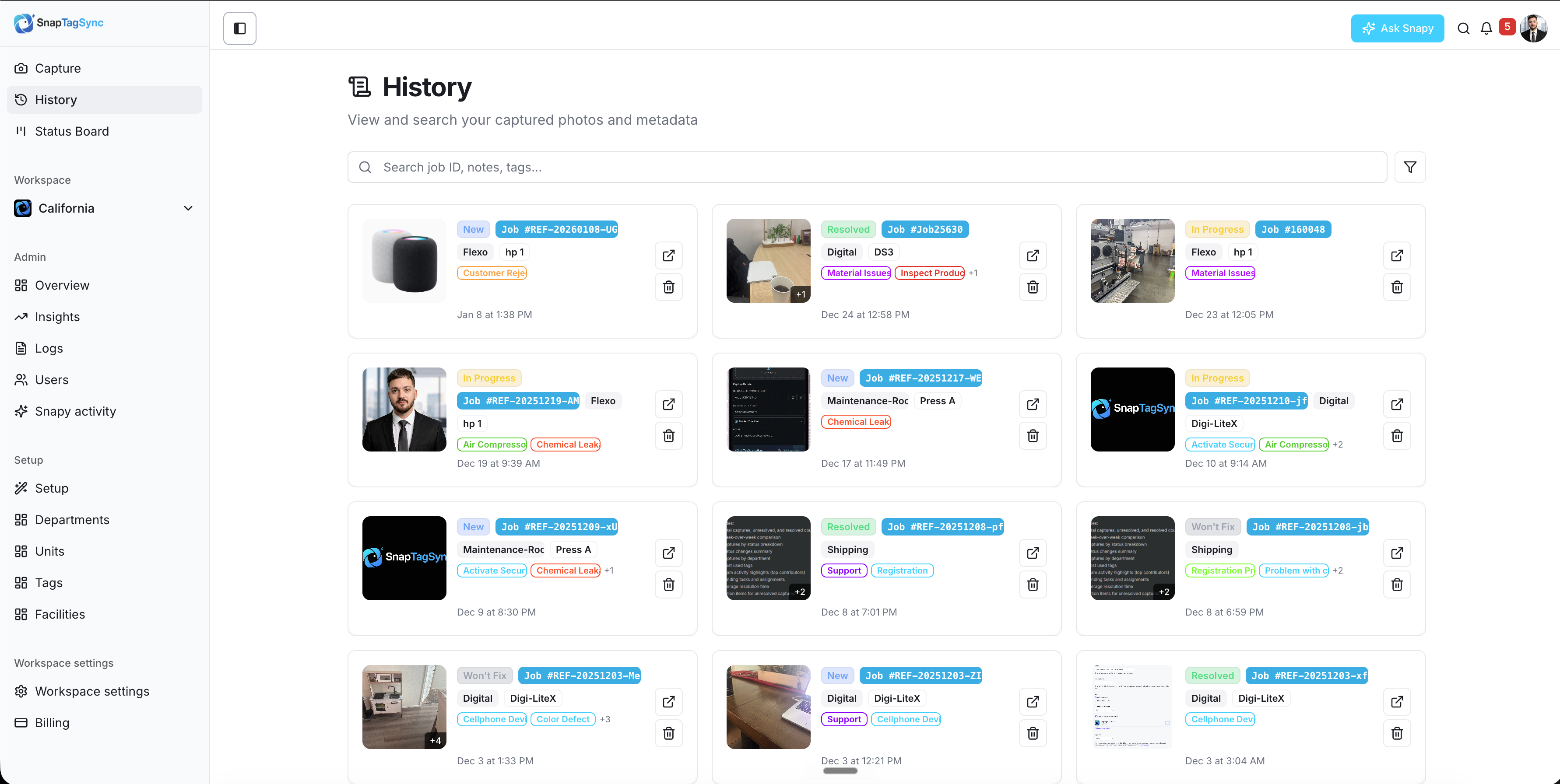 History — a visual grid of every capture with job ID, status, and tags for fast lookup later