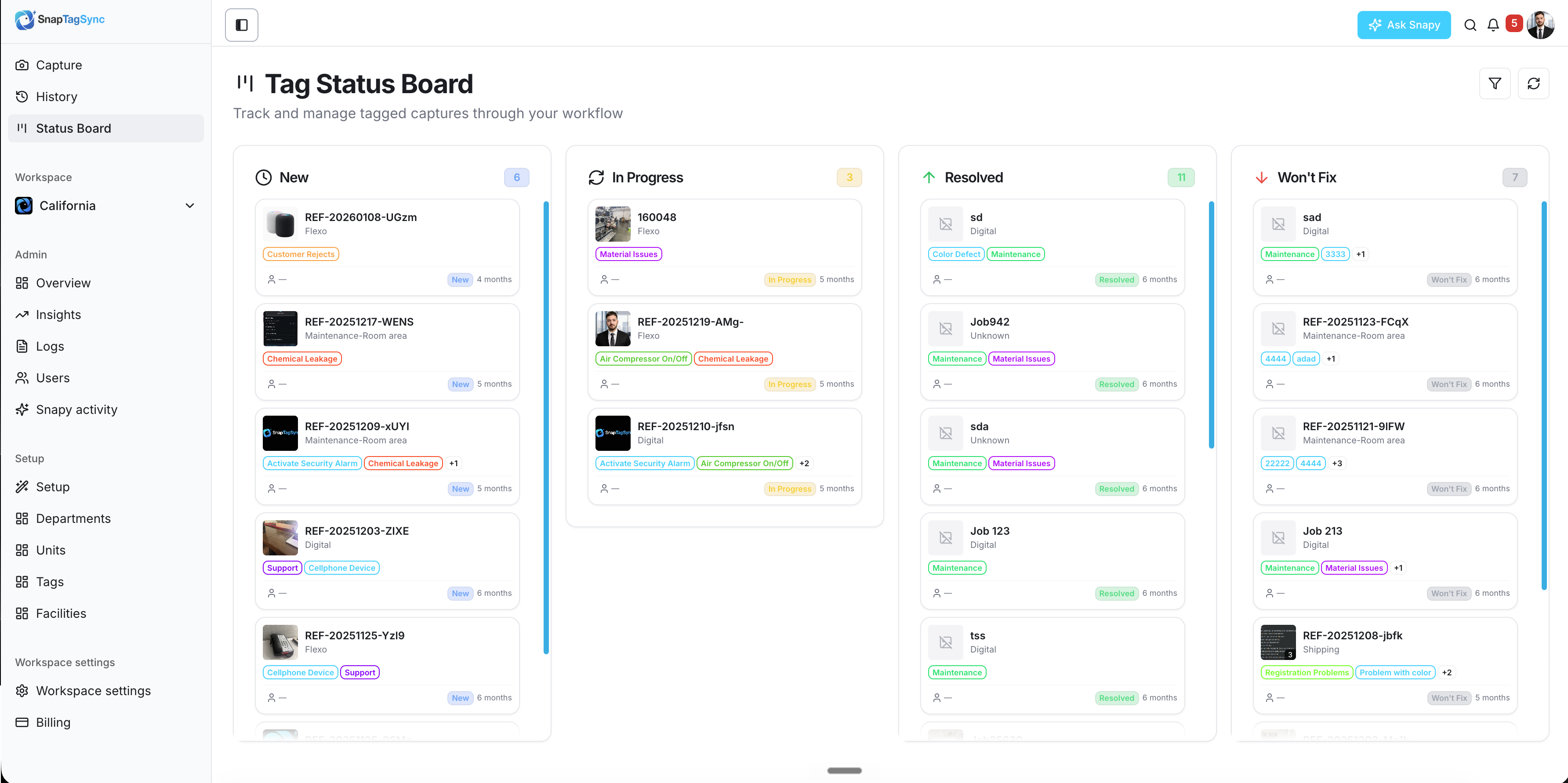 Tag Status Board — captures move across New, In Progress, Resolved, and Won't Fix so nothing slips through the cracks